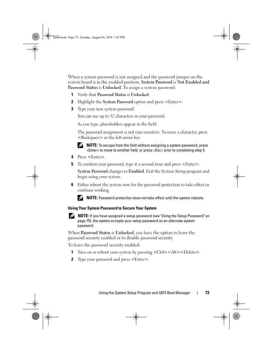 1 verify that password status is unlocked, 3 type your new system password, 4 press <enter | Using your system password to secure your system, 2 type your password and press <enter | Dell POWEREDGE R515 User Manual | Page 73 / 194