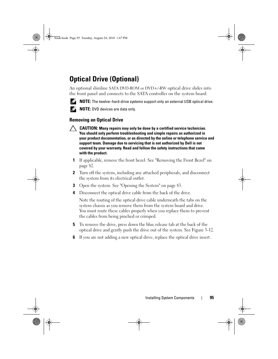 Optical drive (optional), Removing an optical drive | Dell POWEREDGE R515 User Manual | Page 95 / 194