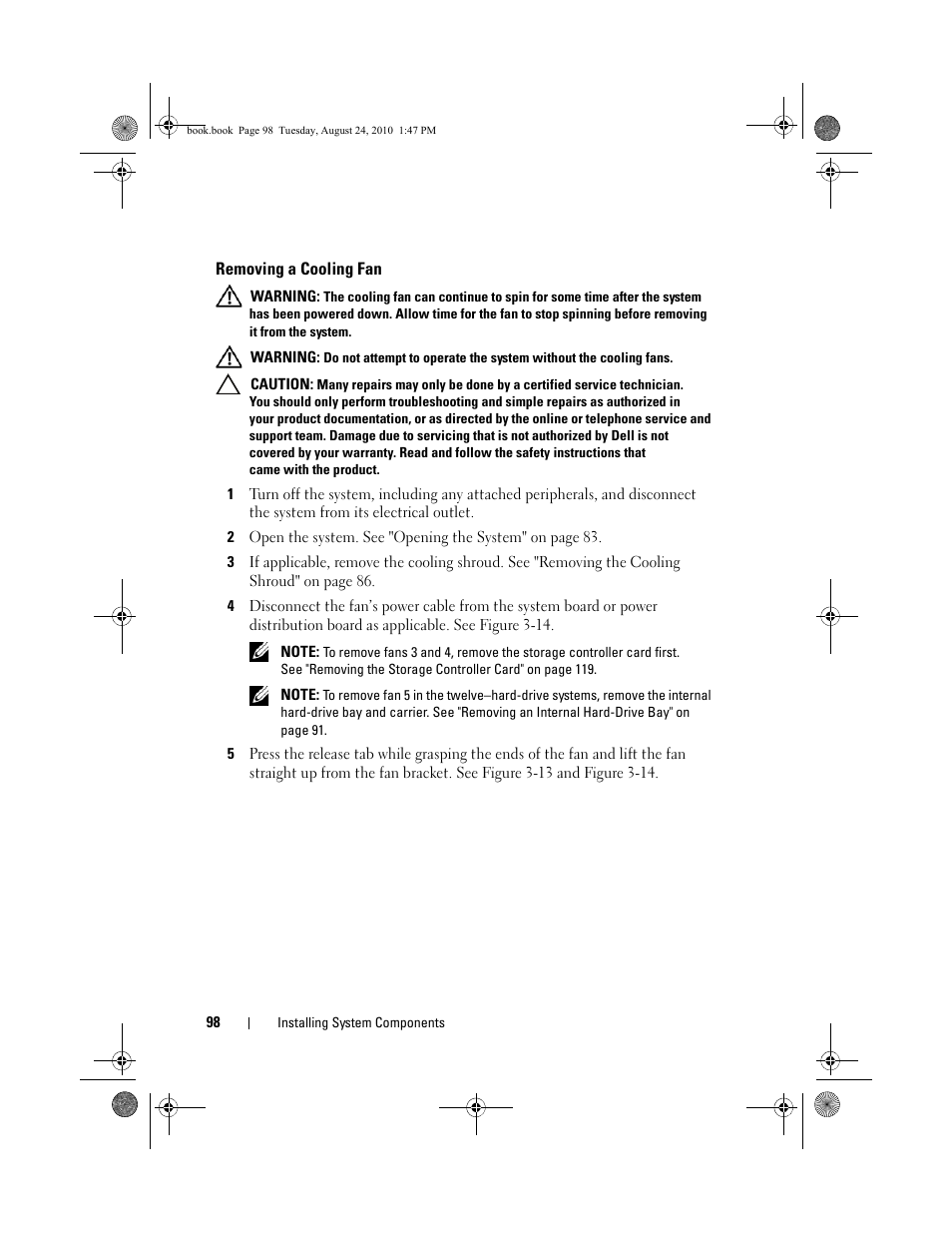 Removing a cooling fan | Dell POWEREDGE R515 User Manual | Page 98 / 194