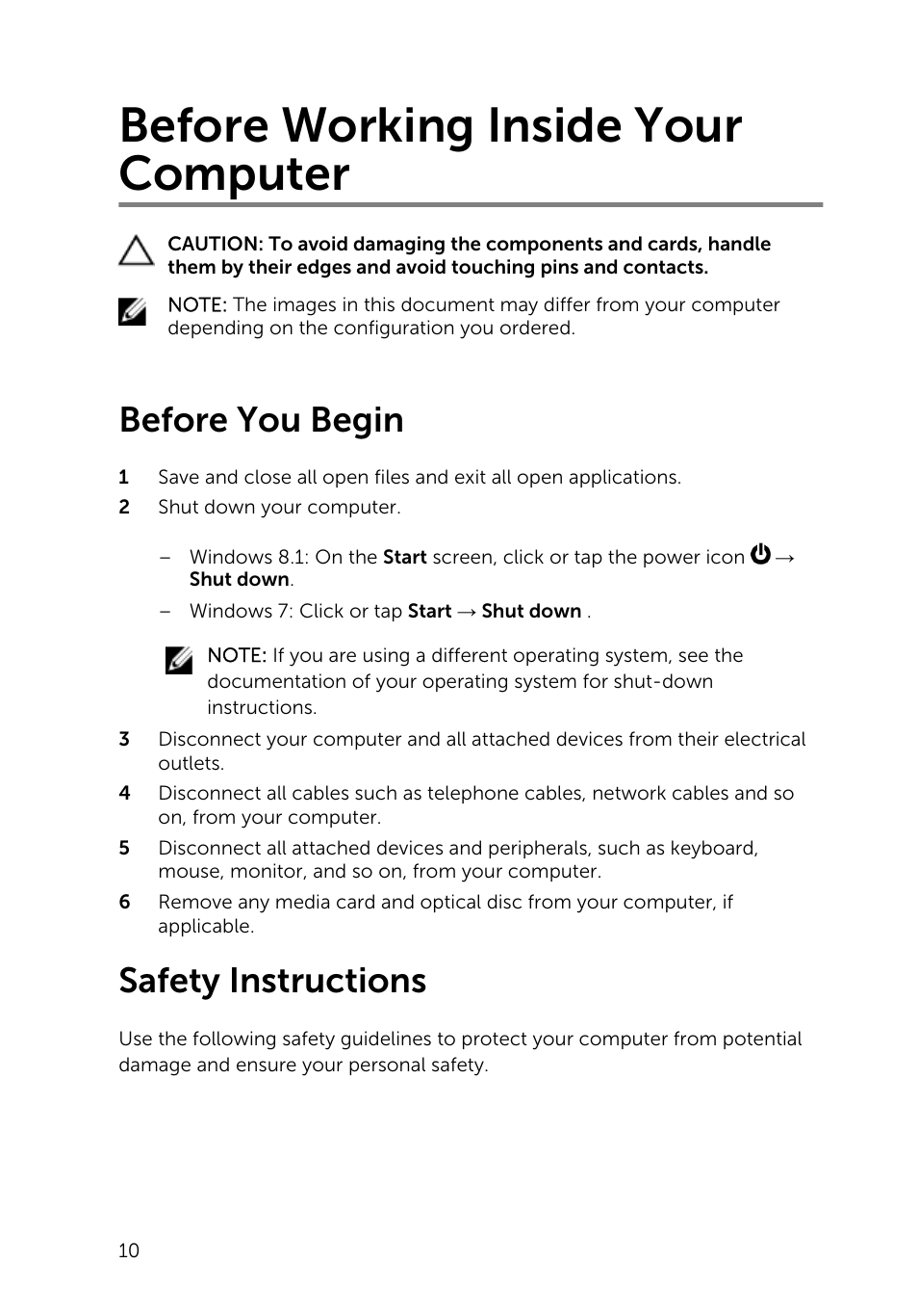 Before working inside your computer, Before you begin, Safety instructions | Dell Inspiron 13 7000 Series 2-in-1(7348, Early 2015) User Manual | Page 10 / 94