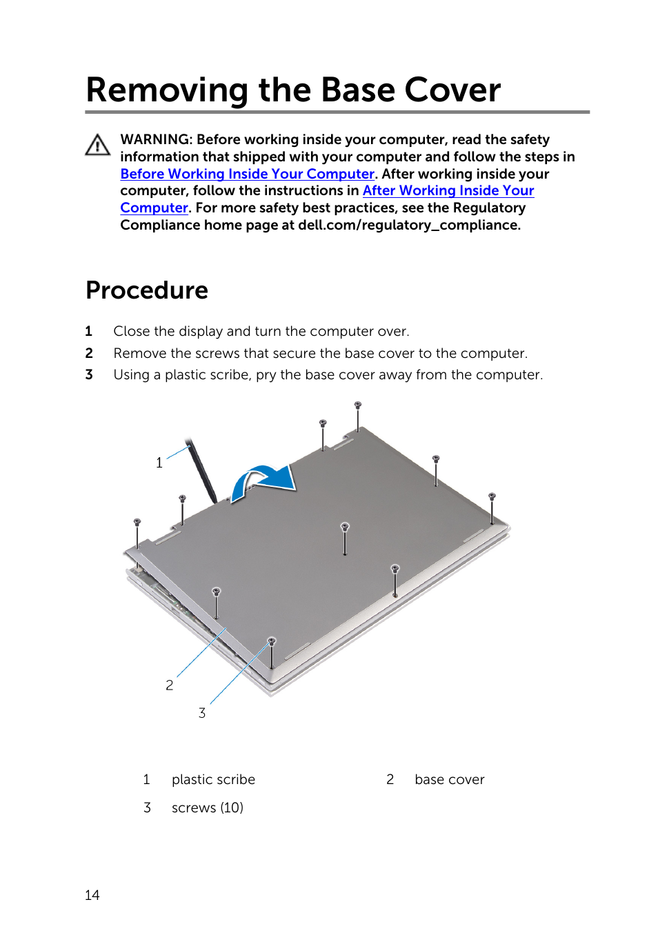 Removing the base cover, Procedure | Dell Inspiron 13 7000 Series 2-in-1(7348, Early 2015) User Manual | Page 14 / 94