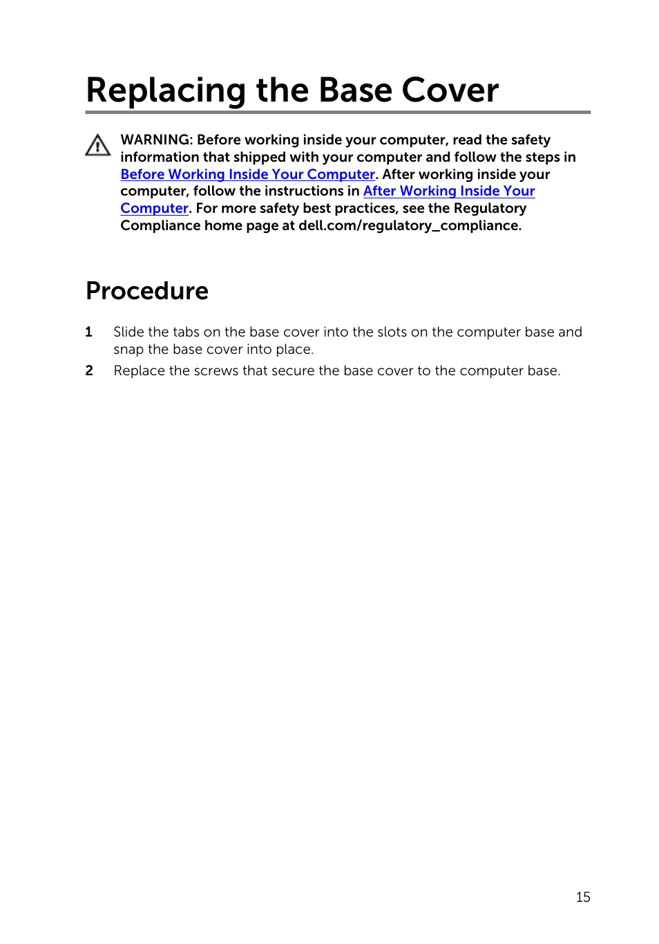 Replacing the base cover, Procedure | Dell Inspiron 13 7000 Series 2-in-1(7348, Early 2015) User Manual | Page 15 / 94