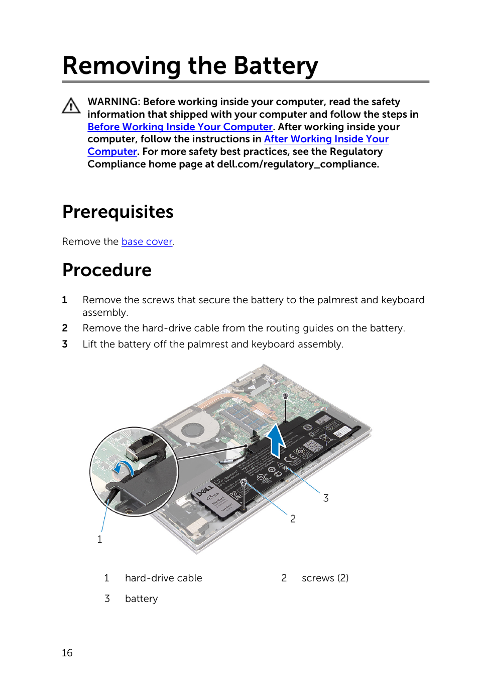 Removing the battery, Prerequisites, Procedure | Dell Inspiron 13 7000 Series 2-in-1(7348, Early 2015) User Manual | Page 16 / 94