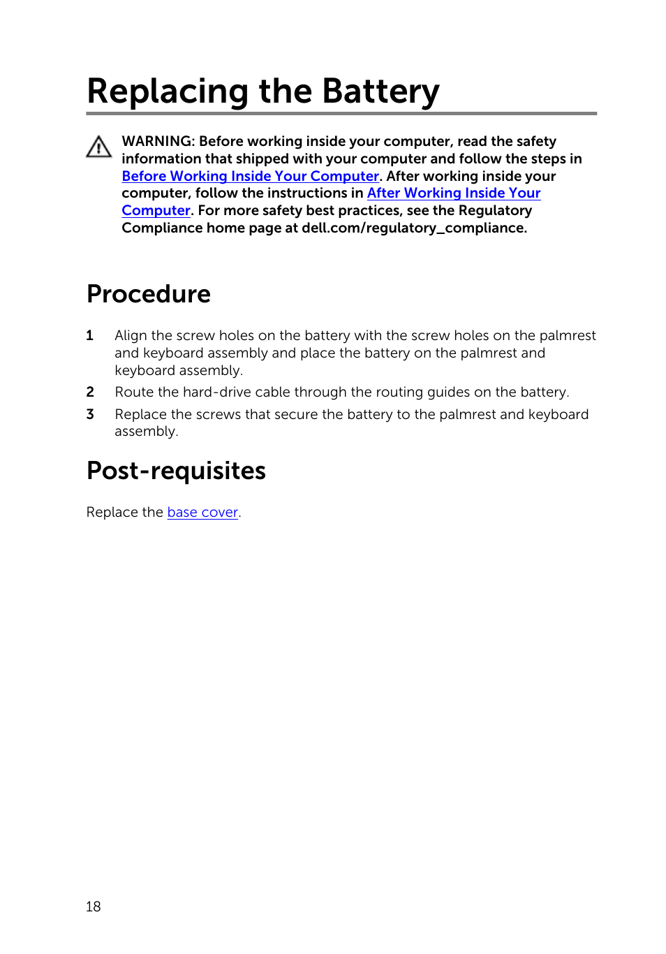 Replacing the battery, Procedure, Post-requisites | Dell Inspiron 13 7000 Series 2-in-1(7348, Early 2015) User Manual | Page 18 / 94