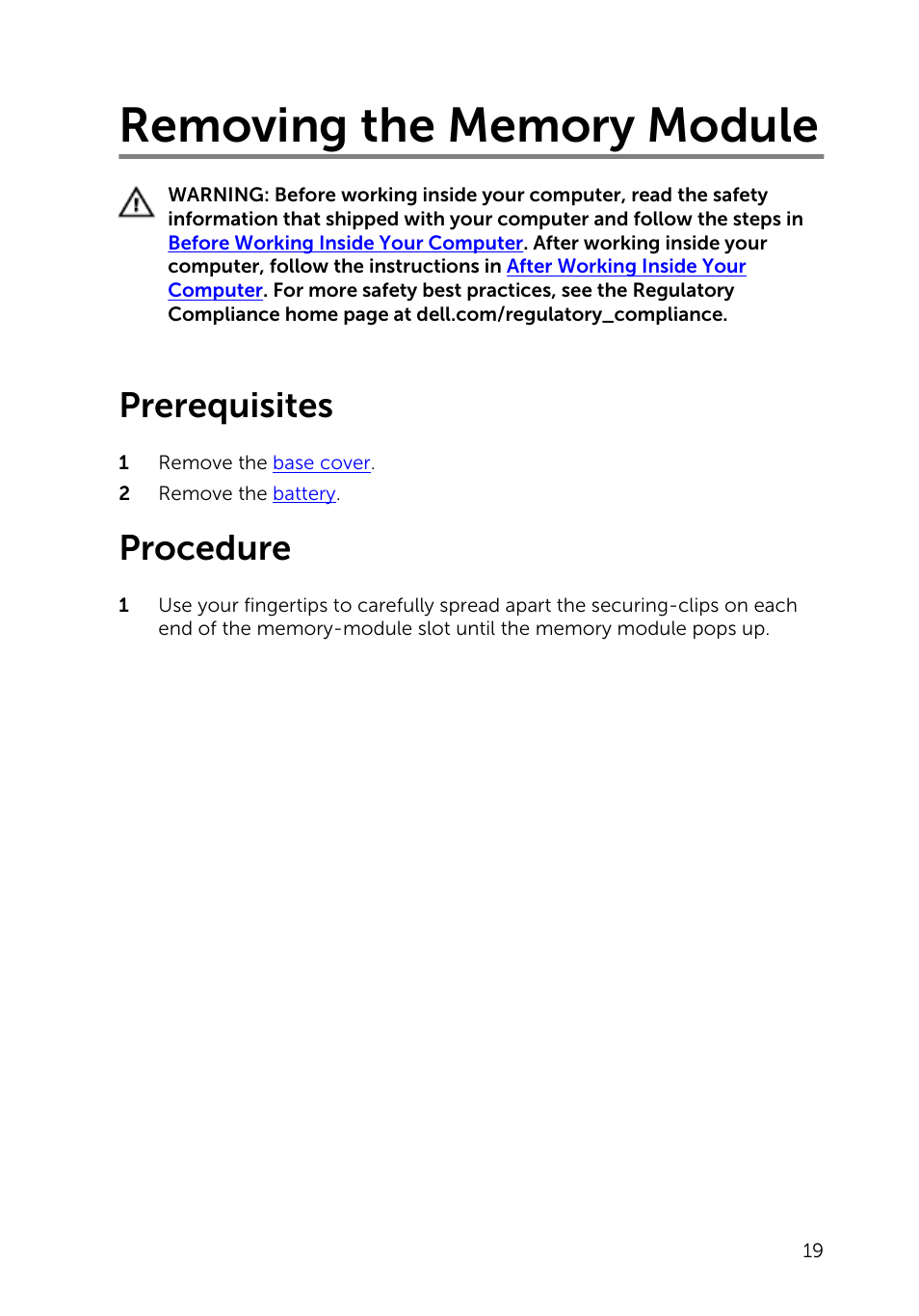 Removing the memory module, Prerequisites, Procedure | Dell Inspiron 13 7000 Series 2-in-1(7348, Early 2015) User Manual | Page 19 / 94