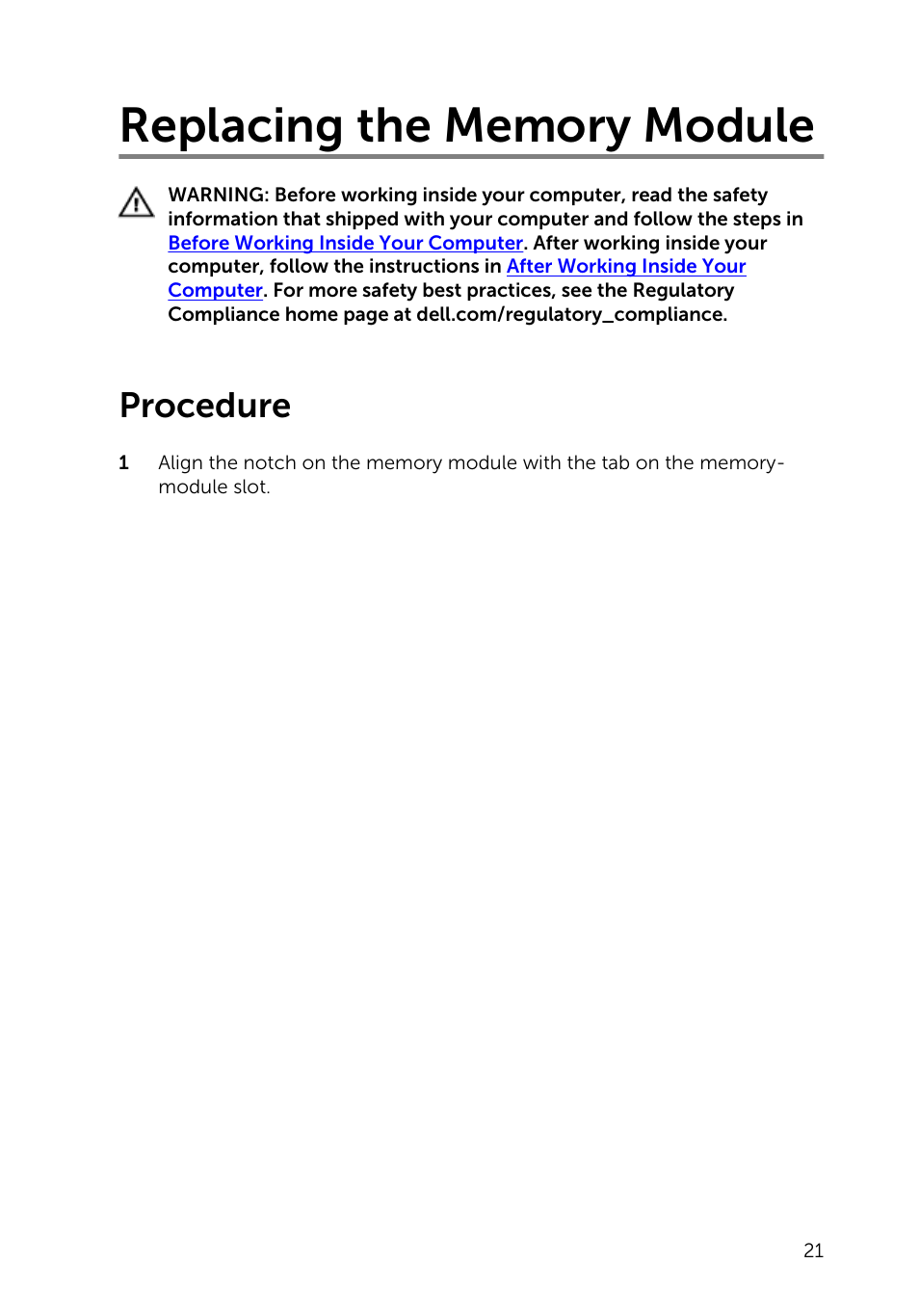 Replacing the memory module, Procedure | Dell Inspiron 13 7000 Series 2-in-1(7348, Early 2015) User Manual | Page 21 / 94