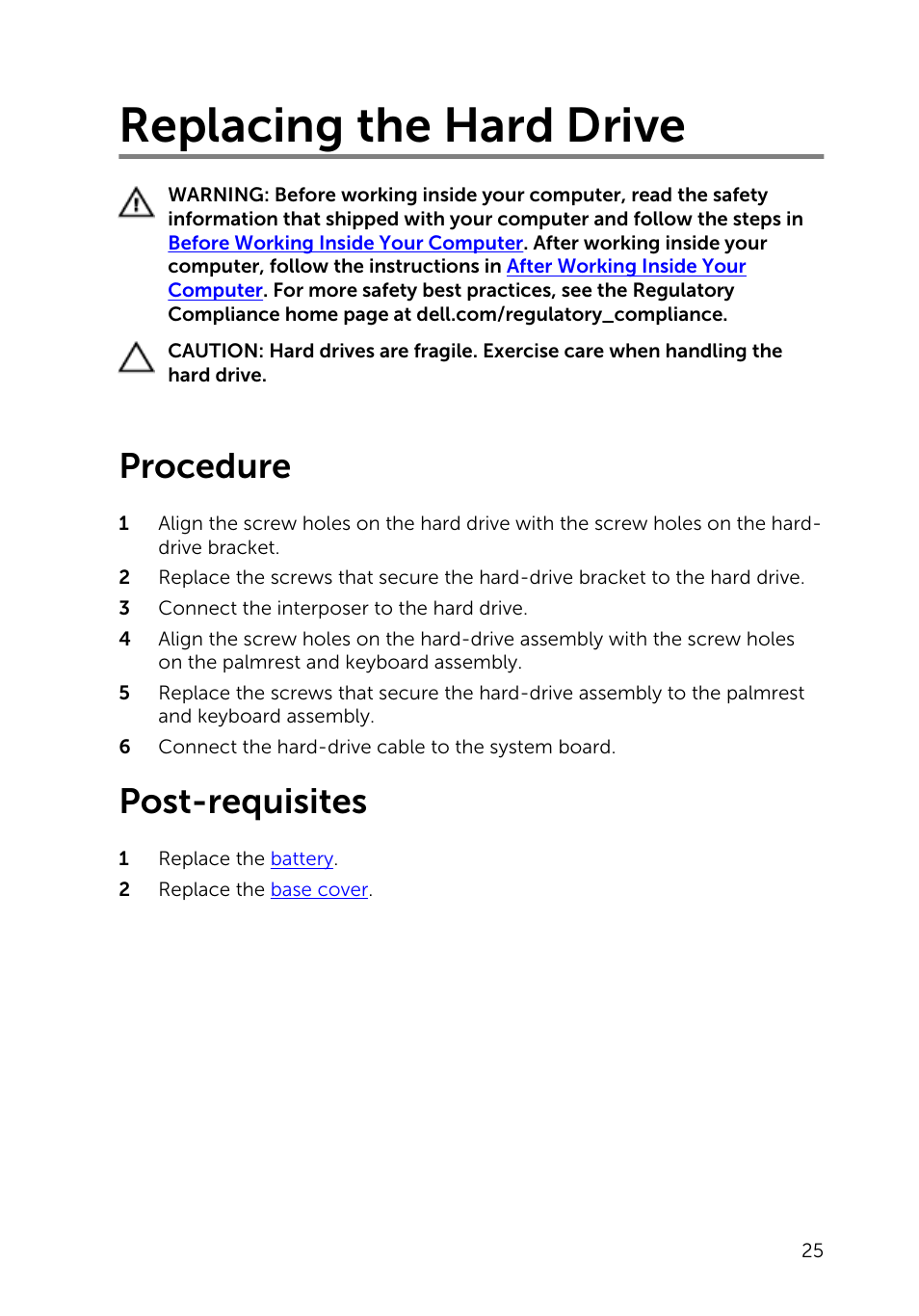 Replacing the hard drive, Procedure, Post-requisites | Dell Inspiron 13 7000 Series 2-in-1(7348, Early 2015) User Manual | Page 25 / 94