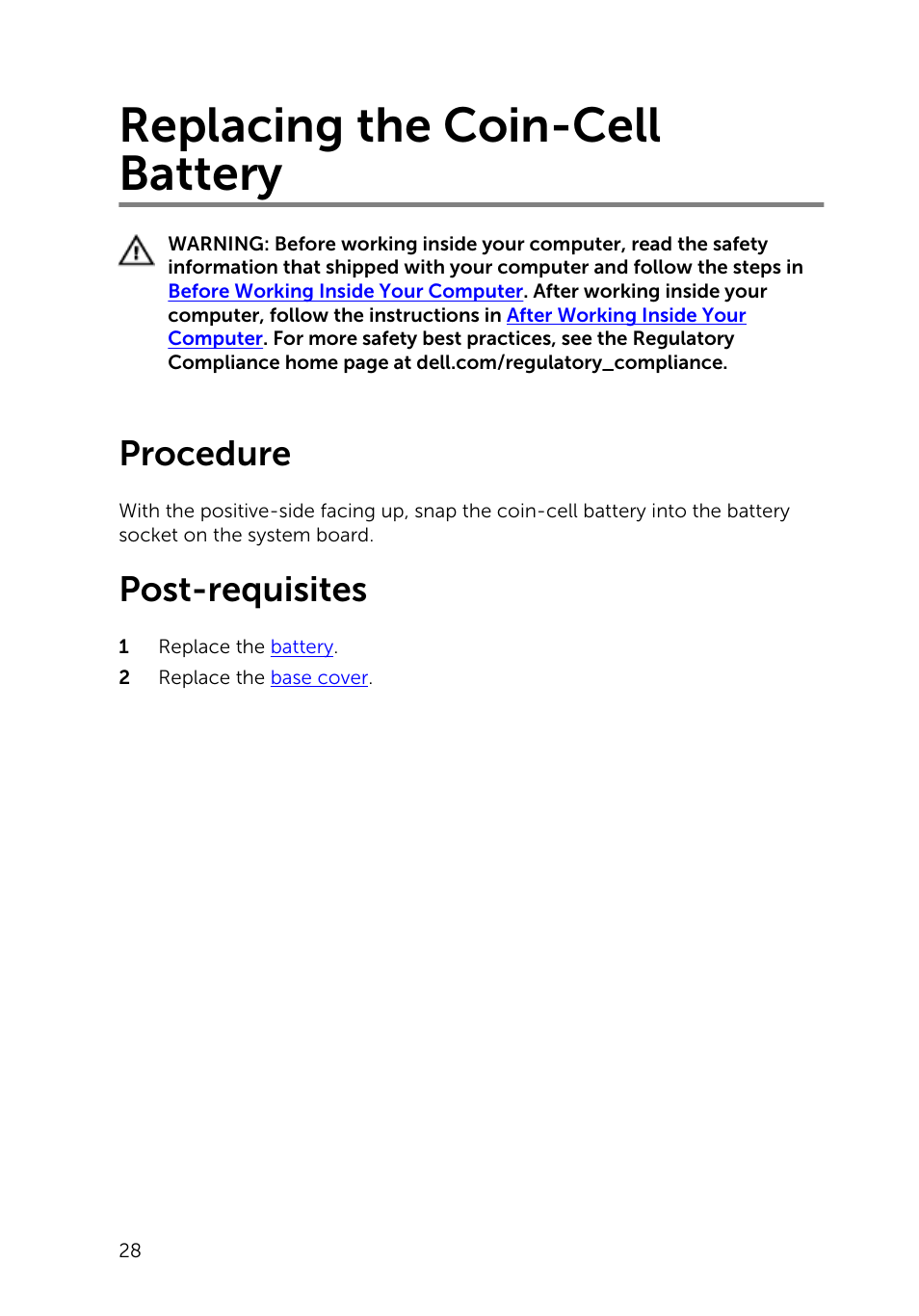 Replacing the coin-cell battery, Procedure, Post-requisites | Dell Inspiron 13 7000 Series 2-in-1(7348, Early 2015) User Manual | Page 28 / 94
