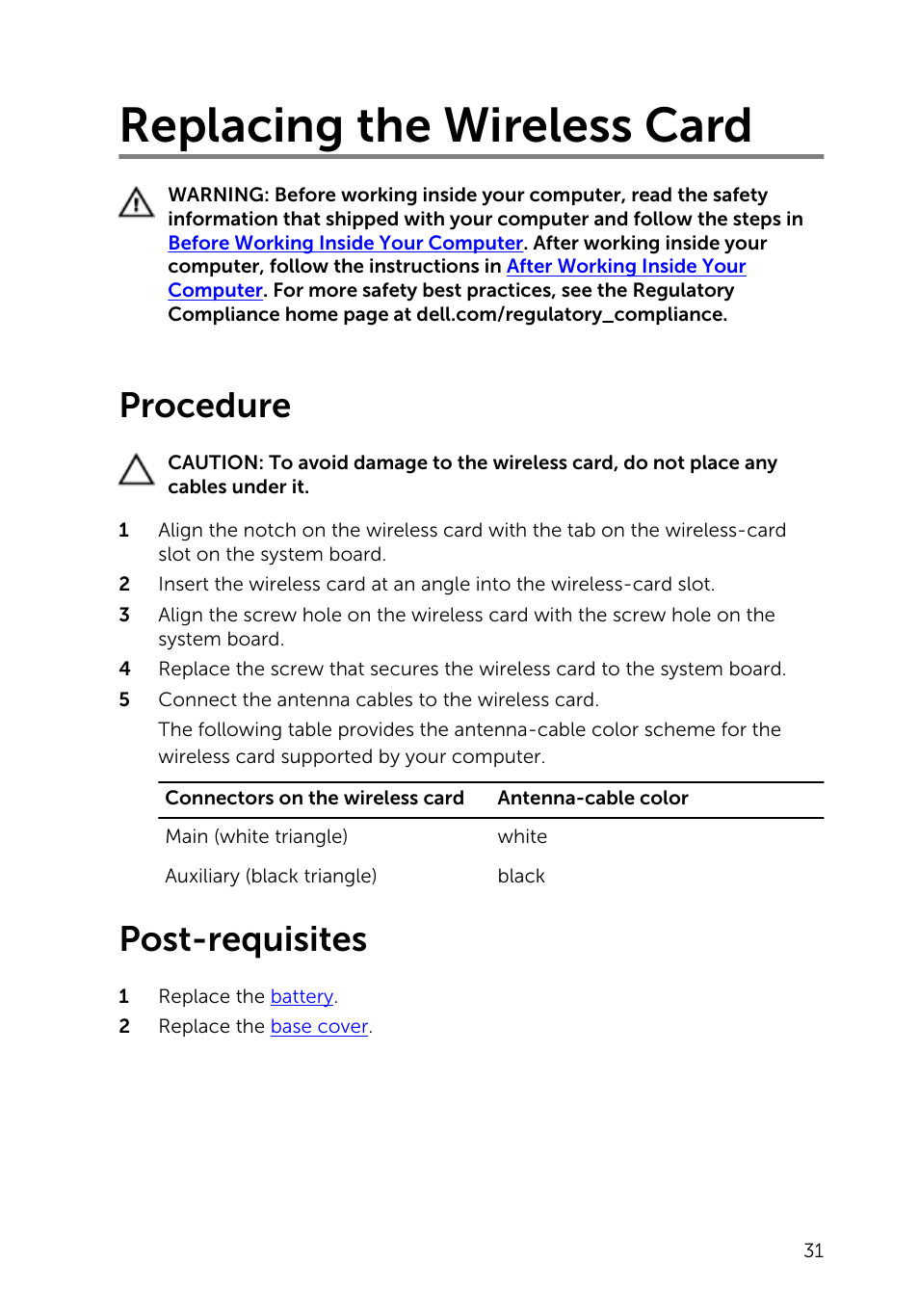 Replacing the wireless card, Procedure, Post-requisites | Dell Inspiron 13 7000 Series 2-in-1(7348, Early 2015) User Manual | Page 31 / 94