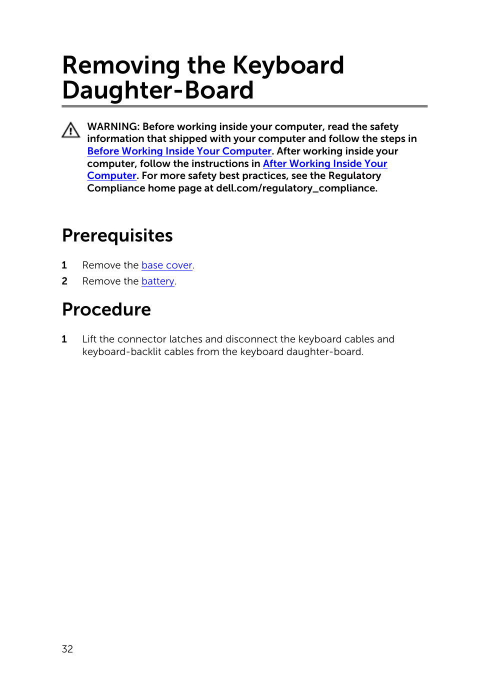 Removing the keyboard daughter-board, Prerequisites, Procedure | Dell Inspiron 13 7000 Series 2-in-1(7348, Early 2015) User Manual | Page 32 / 94