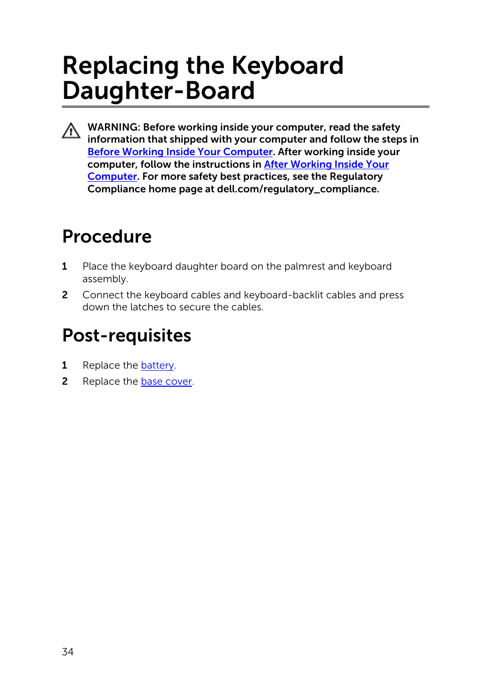 Replacing the keyboard daughter-board, Procedure, Post-requisites | Dell Inspiron 13 7000 Series 2-in-1(7348, Early 2015) User Manual | Page 34 / 94
