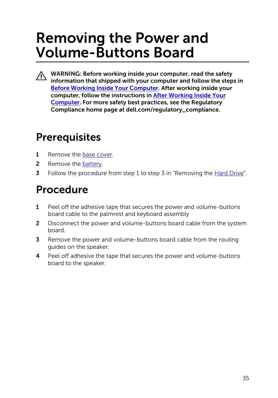 Removing the power and volume-buttons board, Prerequisites, Procedure | Dell Inspiron 13 7000 Series 2-in-1(7348, Early 2015) User Manual | Page 35 / 94