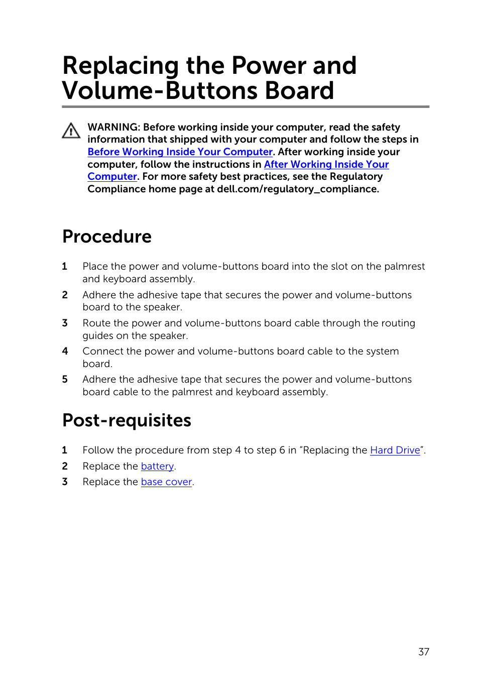 Replacing the power and volume-buttons board, Procedure, Post-requisites | Dell Inspiron 13 7000 Series 2-in-1(7348, Early 2015) User Manual | Page 37 / 94