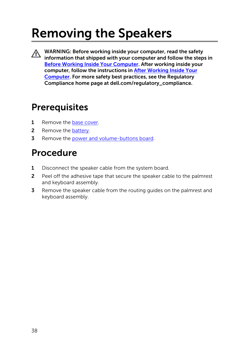 Removing the speakers, Prerequisites, Procedure | Dell Inspiron 13 7000 Series 2-in-1(7348, Early 2015) User Manual | Page 38 / 94