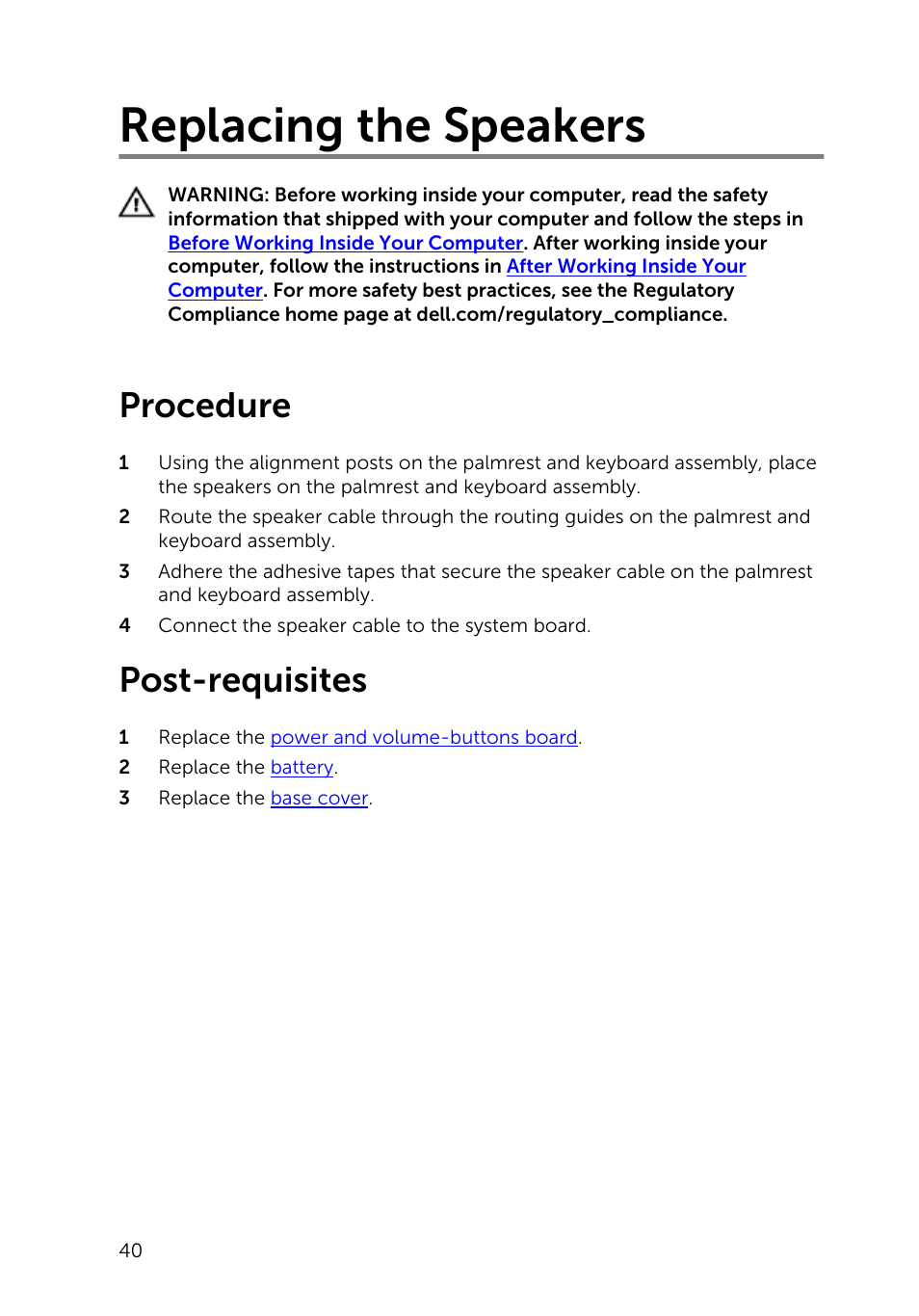 Replacing the speakers, Procedure, Post-requisites | Dell Inspiron 13 7000 Series 2-in-1(7348, Early 2015) User Manual | Page 40 / 94