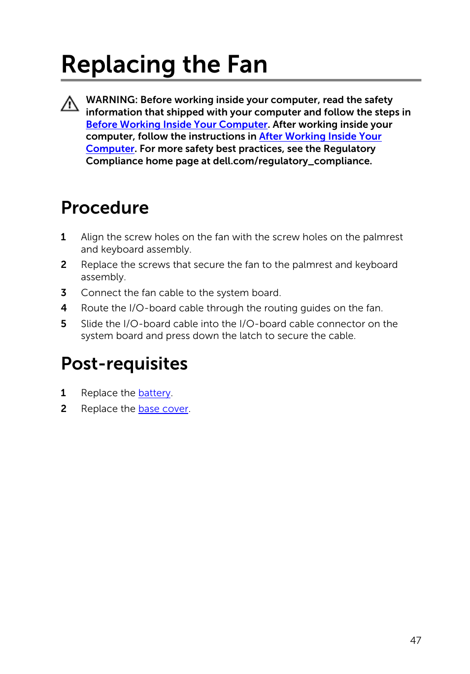 Replacing the fan, Procedure, Post-requisites | Dell Inspiron 13 7000 Series 2-in-1(7348, Early 2015) User Manual | Page 47 / 94