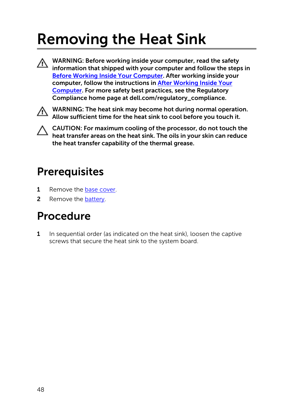 Removing the heat sink, Prerequisites, Procedure | Dell Inspiron 13 7000 Series 2-in-1(7348, Early 2015) User Manual | Page 48 / 94