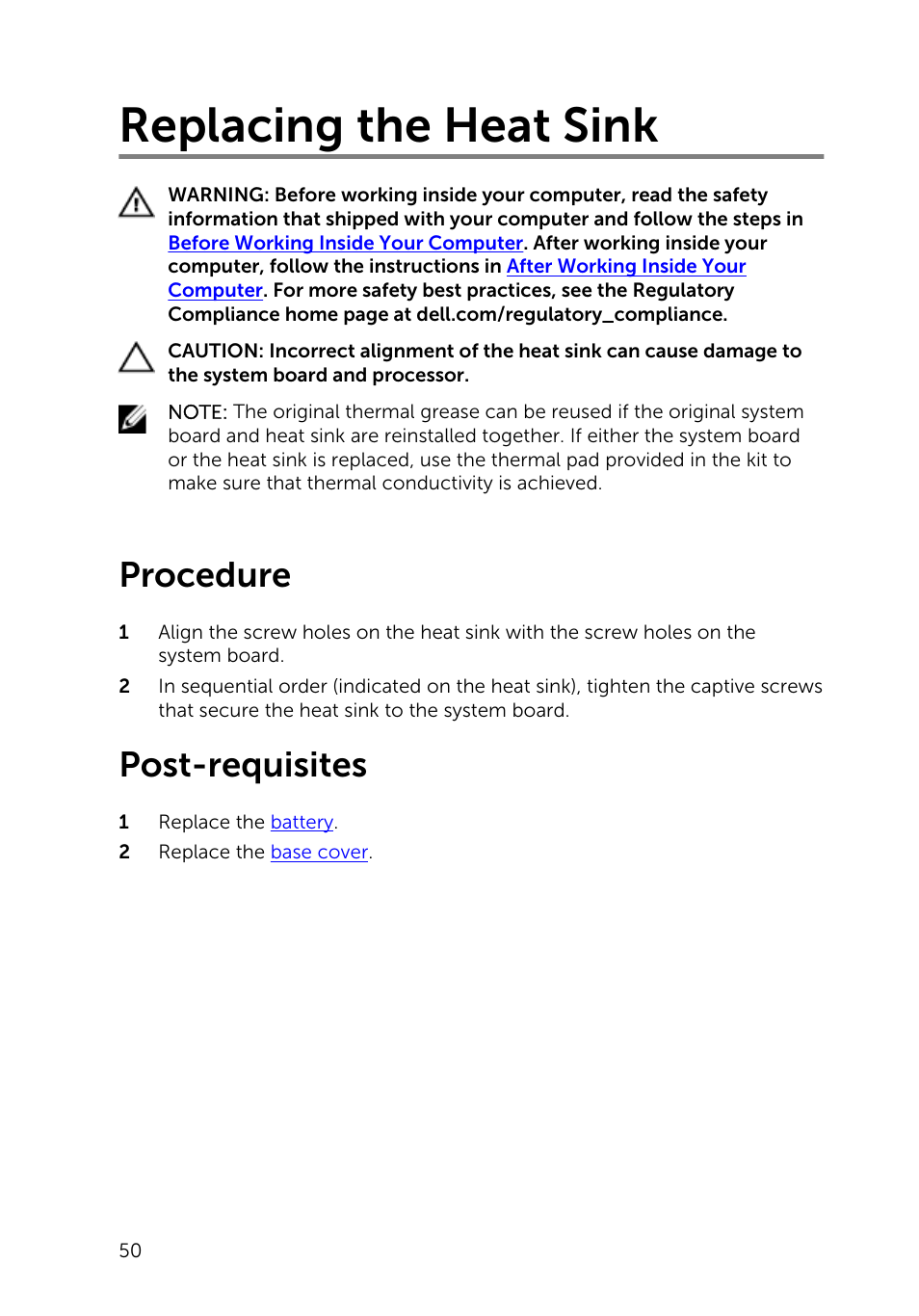 Replacing the heat sink, Procedure, Post-requisites | Dell Inspiron 13 7000 Series 2-in-1(7348, Early 2015) User Manual | Page 50 / 94