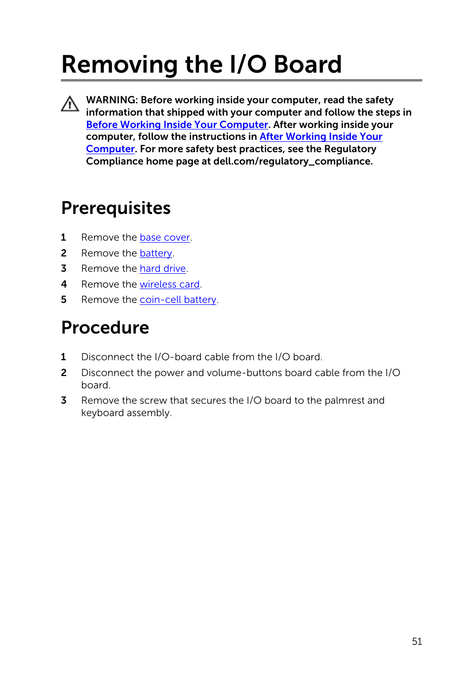 Removing the i/o board, Prerequisites, Procedure | Dell Inspiron 13 7000 Series 2-in-1(7348, Early 2015) User Manual | Page 51 / 94