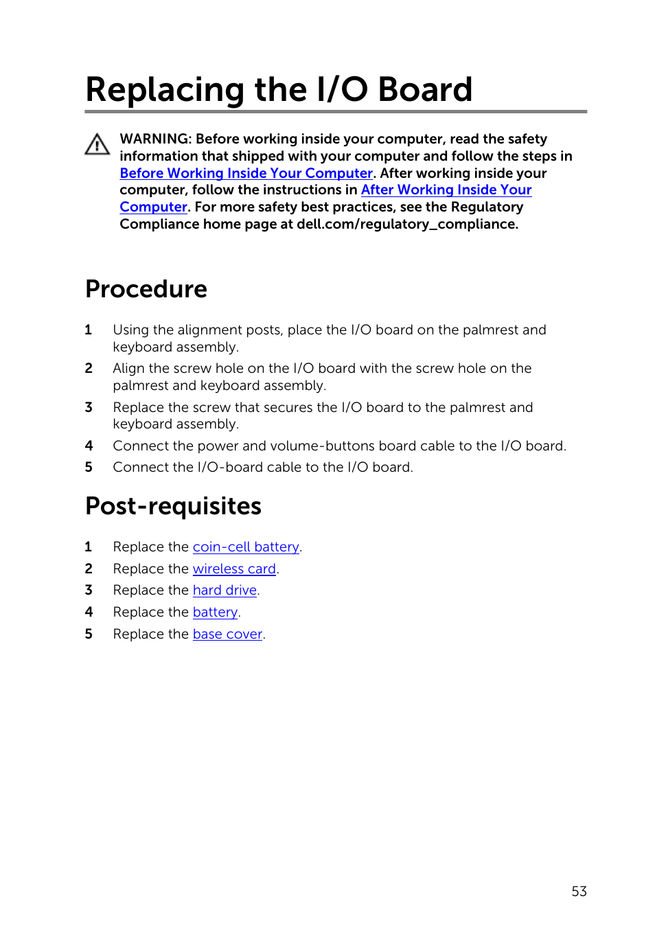 Replacing the i/o board, Procedure, Post-requisites | Dell Inspiron 13 7000 Series 2-in-1(7348, Early 2015) User Manual | Page 53 / 94