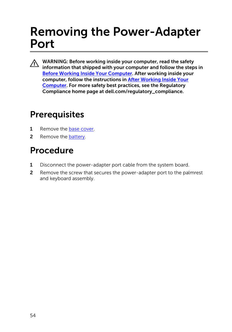 Removing the power-adapter port, Prerequisites, Procedure | Dell Inspiron 13 7000 Series 2-in-1(7348, Early 2015) User Manual | Page 54 / 94