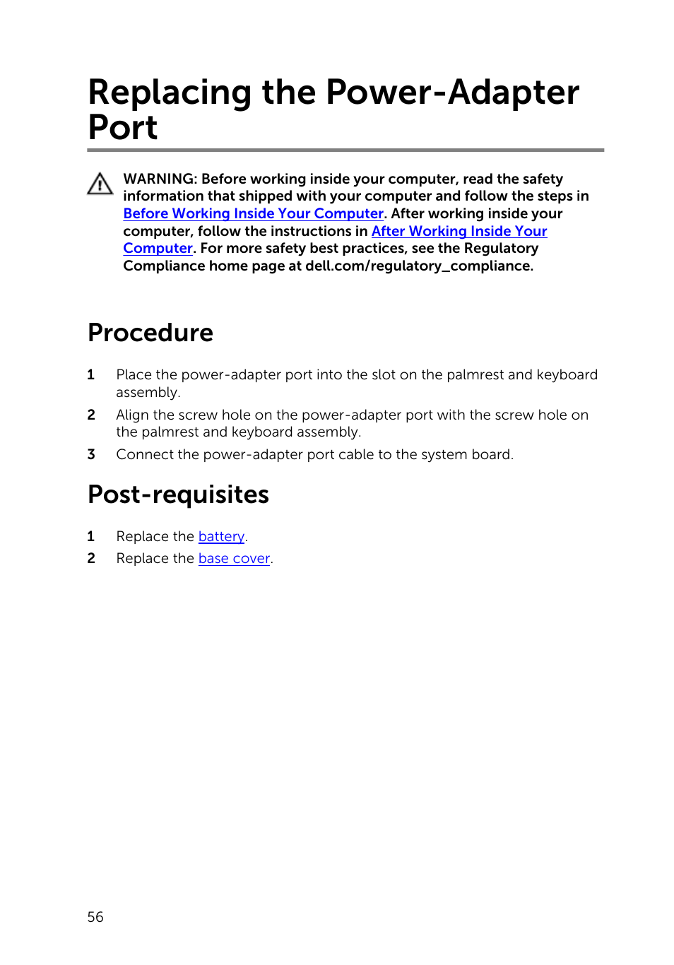 Replacing the power-adapter port, Procedure, Post-requisites | Dell Inspiron 13 7000 Series 2-in-1(7348, Early 2015) User Manual | Page 56 / 94