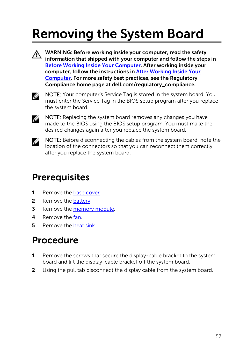 Removing the system board, Prerequisites, Procedure | Dell Inspiron 13 7000 Series 2-in-1(7348, Early 2015) User Manual | Page 57 / 94