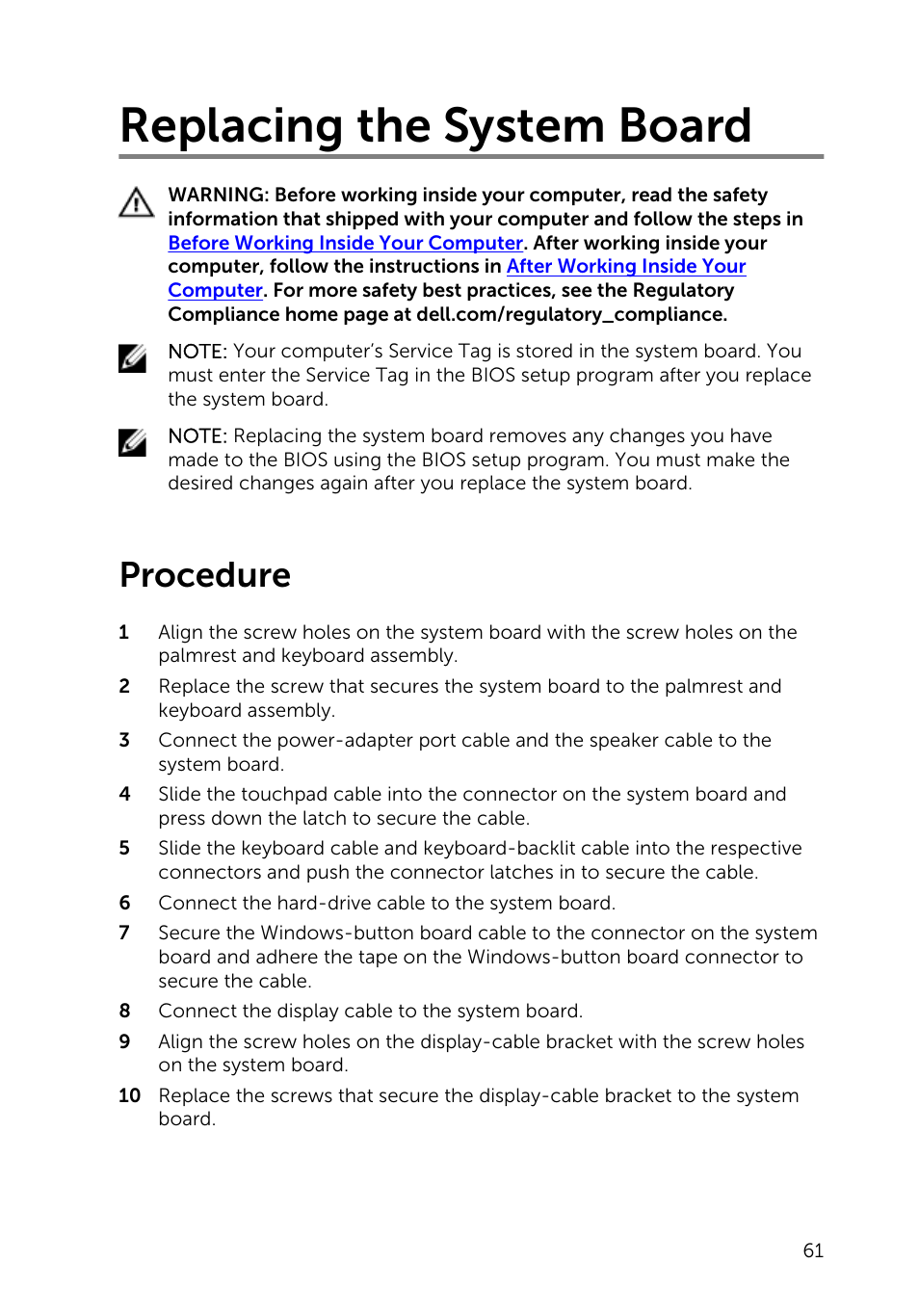 Replacing the system board, Procedure | Dell Inspiron 13 7000 Series 2-in-1(7348, Early 2015) User Manual | Page 61 / 94