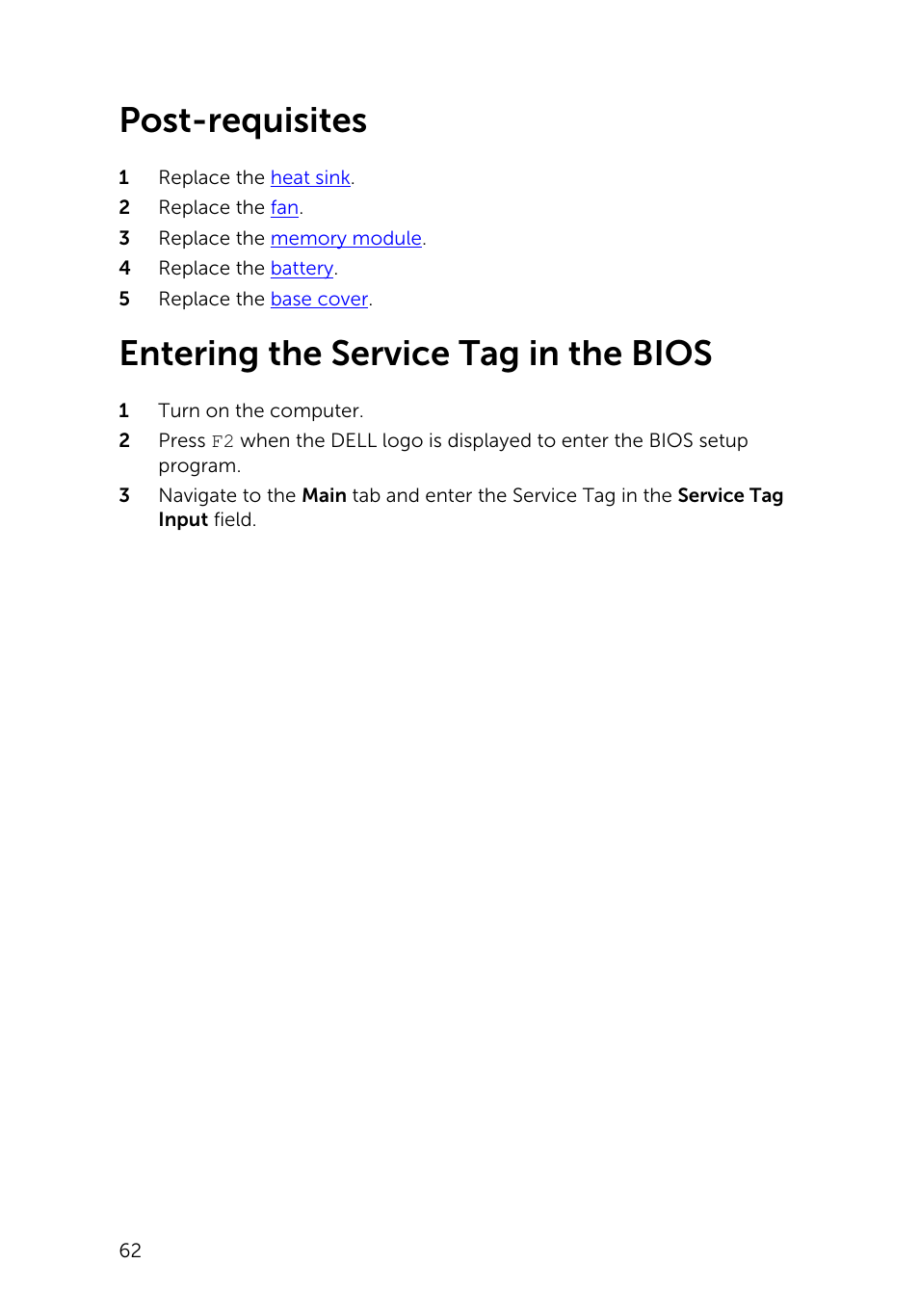 Post-requisites, Entering the service tag in the bios | Dell Inspiron 13 7000 Series 2-in-1(7348, Early 2015) User Manual | Page 62 / 94