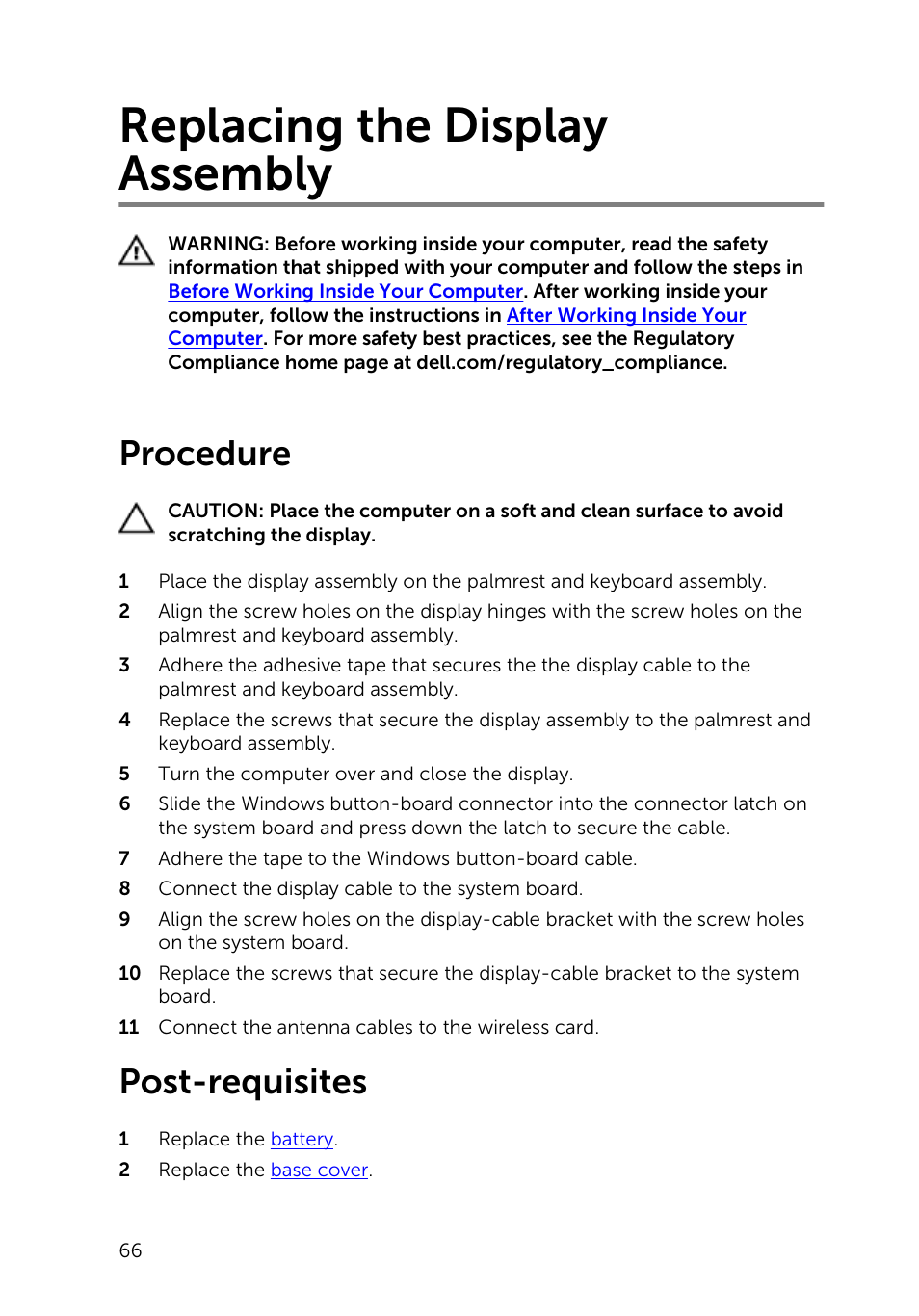 Replacing the display assembly, Procedure, Post-requisites | Dell Inspiron 13 7000 Series 2-in-1(7348, Early 2015) User Manual | Page 66 / 94