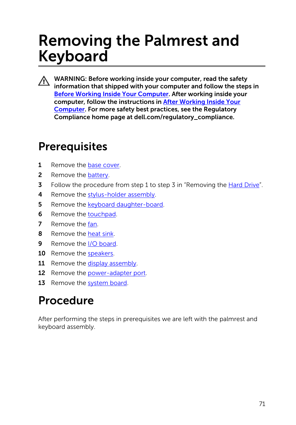 Removing the palmrest and keyboard, Prerequisites, Procedure | Dell Inspiron 13 7000 Series 2-in-1(7348, Early 2015) User Manual | Page 71 / 94