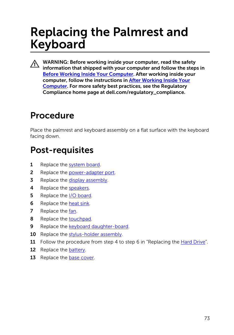 Replacing the palmrest and keyboard, Procedure, Post-requisites | Dell Inspiron 13 7000 Series 2-in-1(7348, Early 2015) User Manual | Page 73 / 94