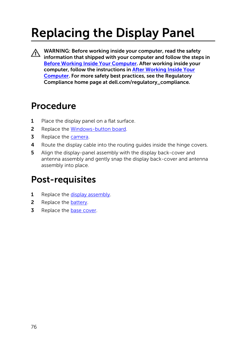 Replacing the display panel, Procedure, Post-requisites | Dell Inspiron 13 7000 Series 2-in-1(7348, Early 2015) User Manual | Page 76 / 94