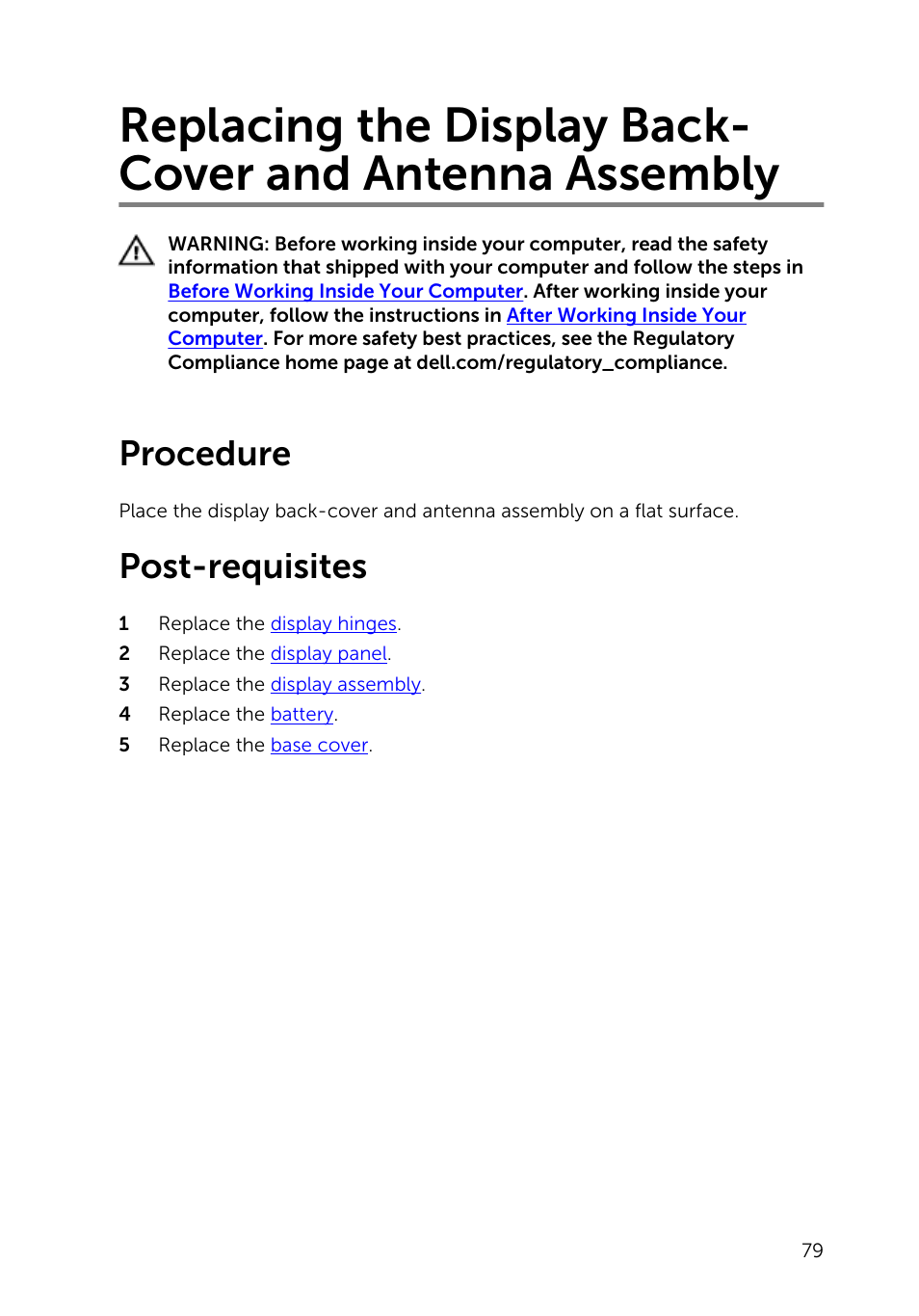 Procedure, Post-requisites, Replacing the display back-cover and antenna | Assembly | Dell Inspiron 13 7000 Series 2-in-1(7348, Early 2015) User Manual | Page 79 / 94