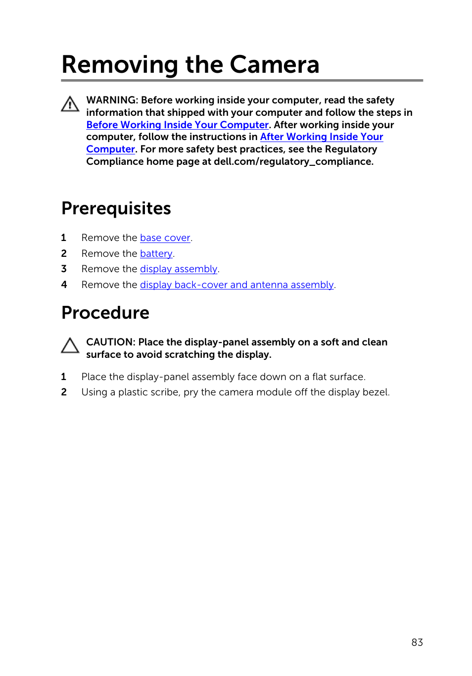 Removing the camera, Prerequisites, Procedure | Dell Inspiron 13 7000 Series 2-in-1(7348, Early 2015) User Manual | Page 83 / 94