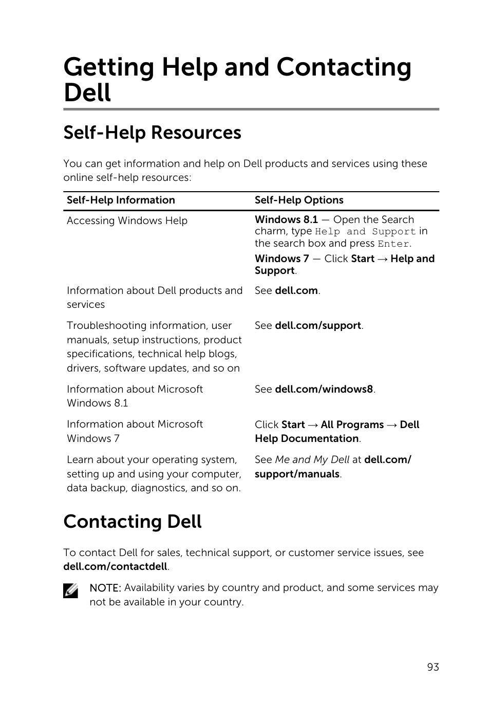 Getting help and contacting dell, Self-help resources, Contacting dell | Dell Inspiron 13 7000 Series 2-in-1(7348, Early 2015) User Manual | Page 93 / 94