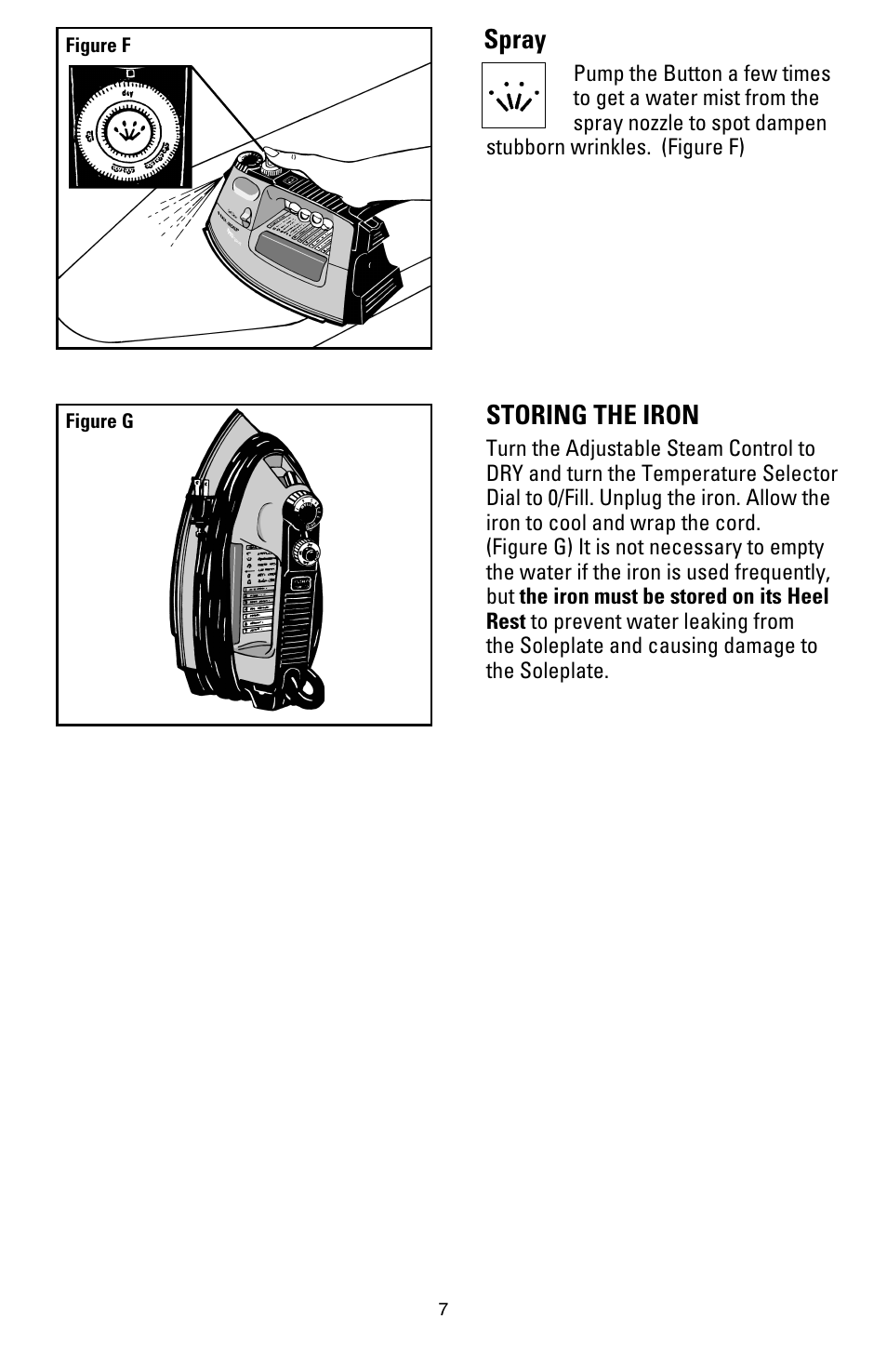 Spray, Storing the iron | Black & Decker F611 User Manual | Page 7 / 12