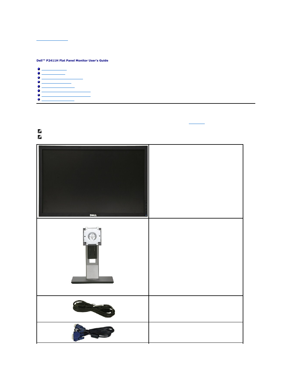 About your monitor, Package contents | Dell P2411H Monitor User Manual | Page 2 / 37