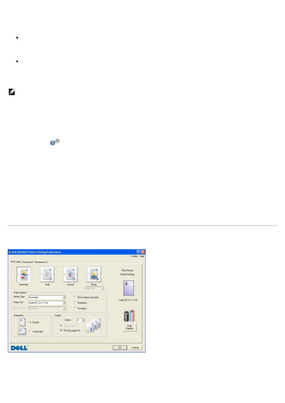 Using printing preferences | Dell 968w All In One Wireless Photo Printer User Manual | Page 34 / 181