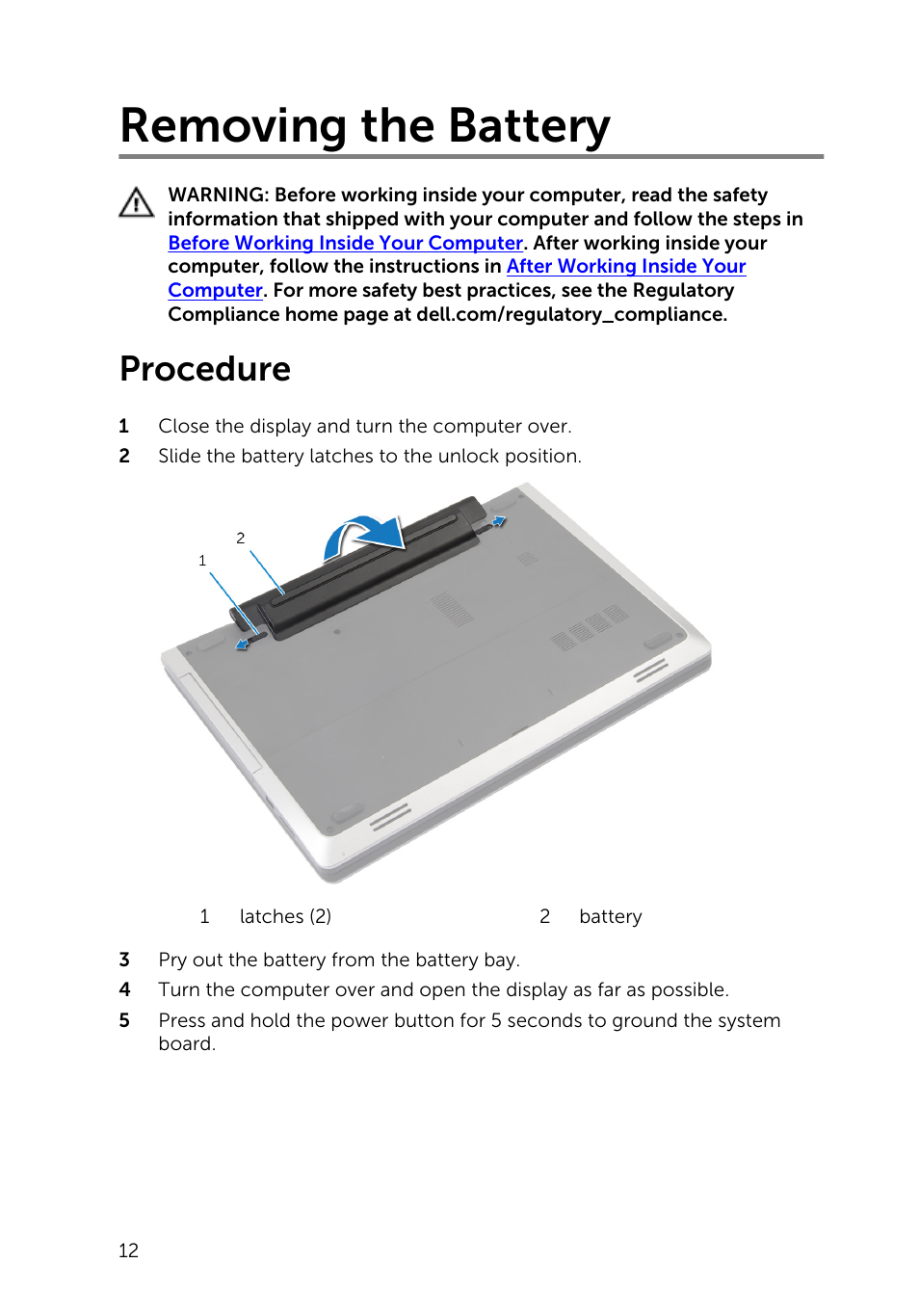 Removing the battery, Procedure | Dell Inspiron 17 (5749, Early 2015) User Manual | Page 12 / 93