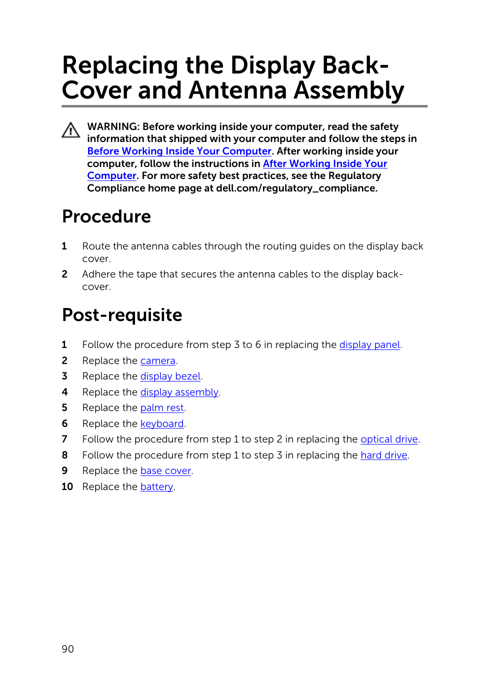 Procedure, Post-requisite, Replacing the display back-cover and antenna | Assembly | Dell Inspiron 17 (5749, Early 2015) User Manual | Page 90 / 93