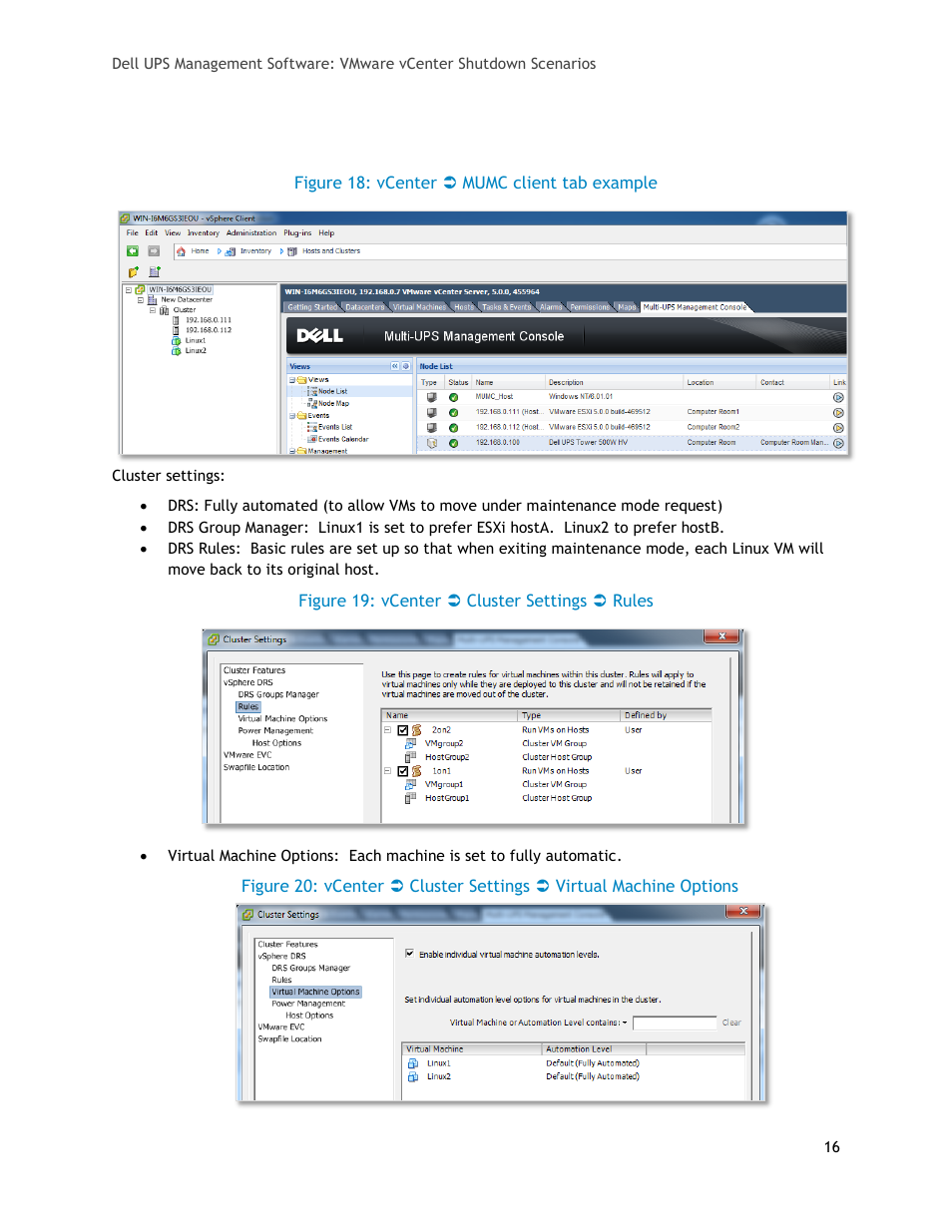 Figure 18: vcenter  mumc client tab example, Figure 19: vcenter  cluster settings  rules | Dell UPS 500T User Manual | Page 16 / 20
