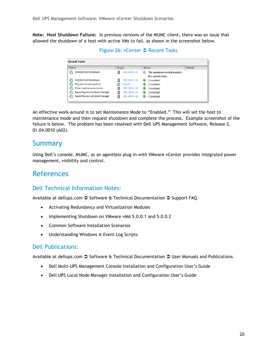 Summary, References, Dell technical information notes | Dell publications, Figure 26: vcenter  recent tasks | Dell UPS 500T User Manual | Page 20 / 20