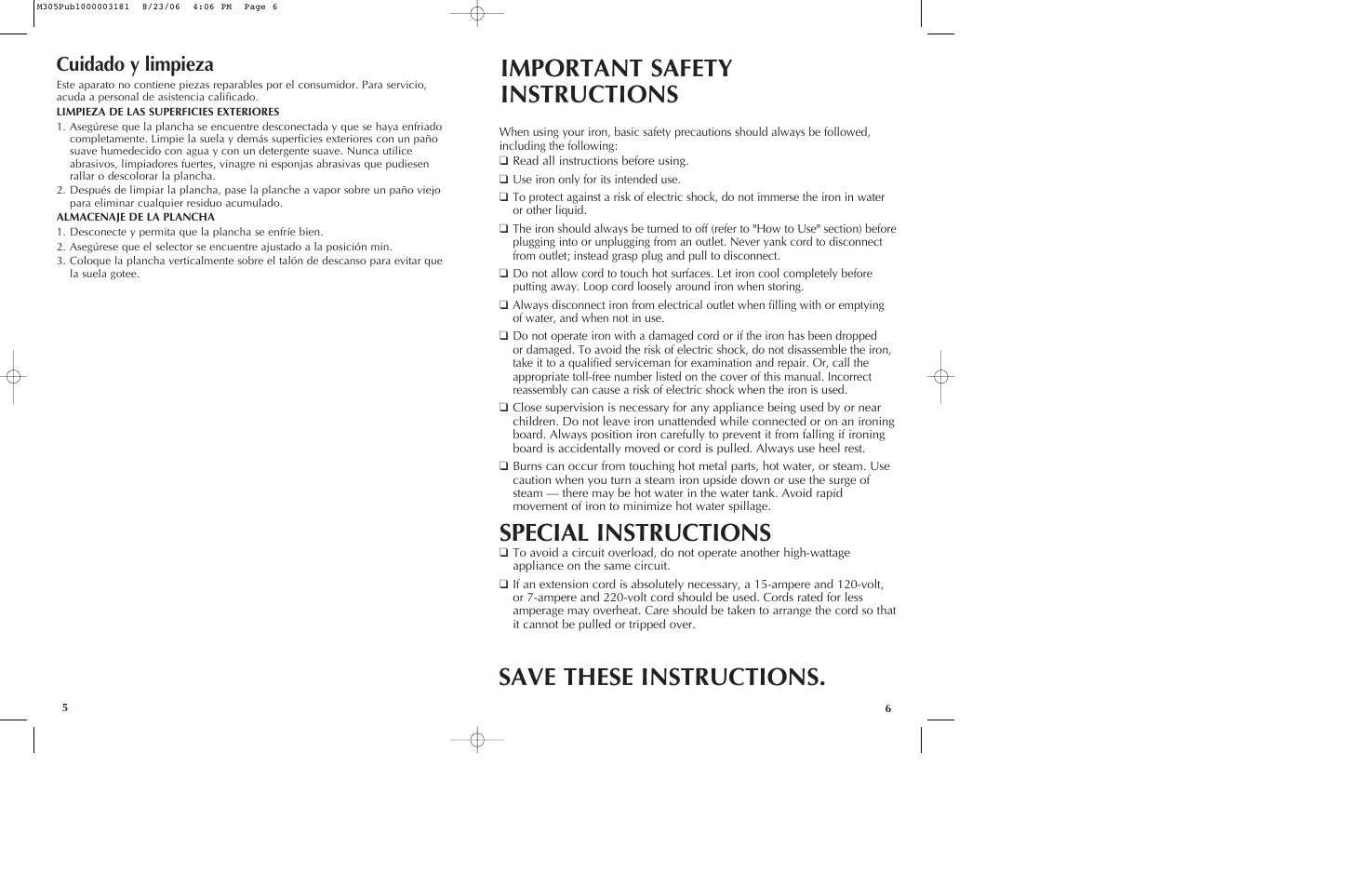 Special instructions, Cuidado y limpieza | Black & Decker M305 User Manual | Page 4 / 9