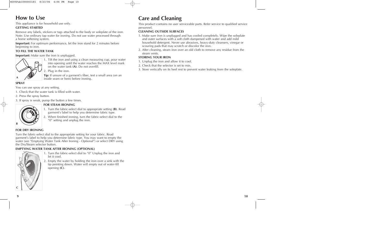 How to use, Care and cleaning | Black & Decker M305 User Manual | Page 6 / 9