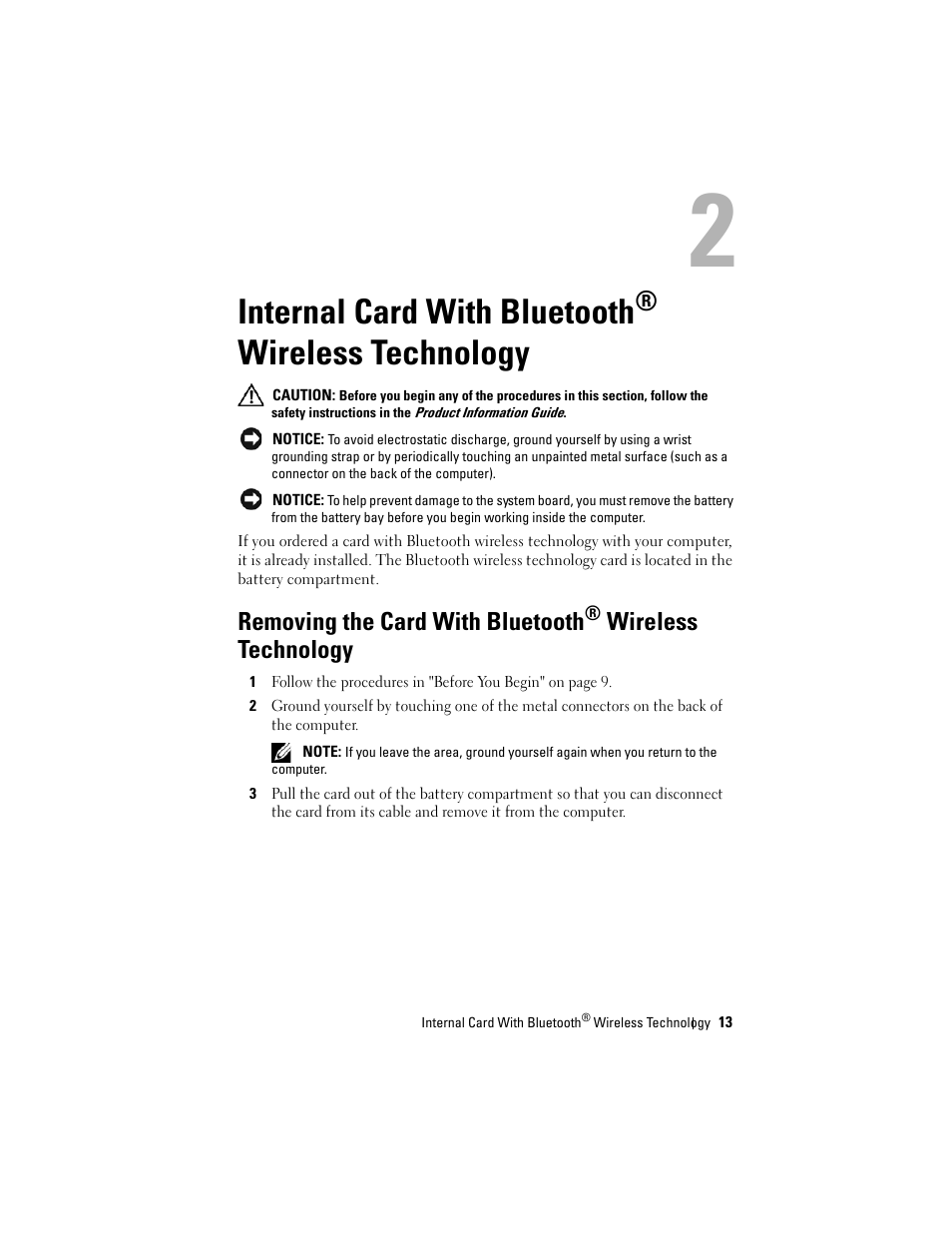 Internal card with bluetooth® wireless technology, Internal card with bluetooth, Removing the card with bluetooth | Wireless technology | Dell XPS M1730 (M1730, Late 2007) User Manual | Page 13 / 88