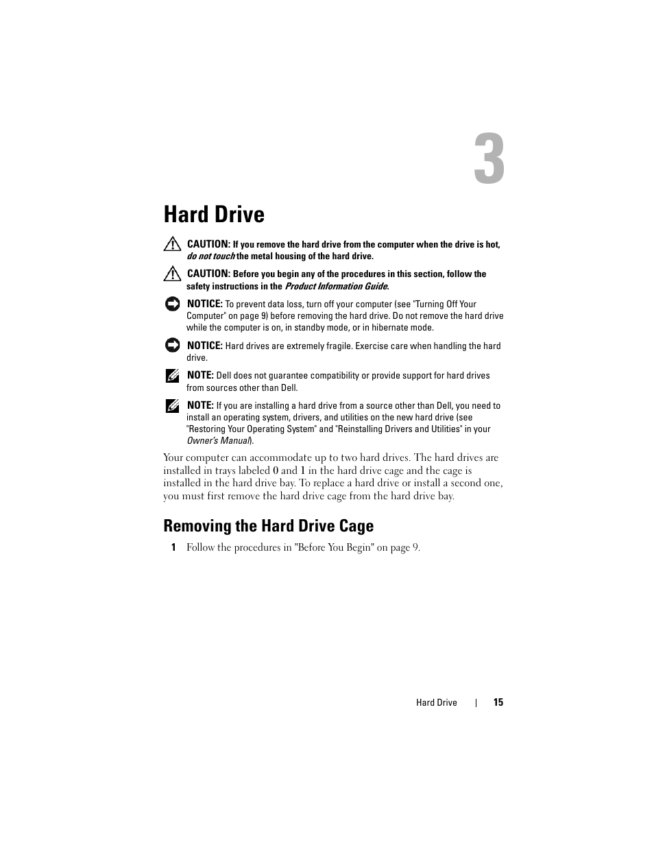 Hard drive, Removing the hard drive cage | Dell XPS M1730 (M1730, Late 2007) User Manual | Page 15 / 88
