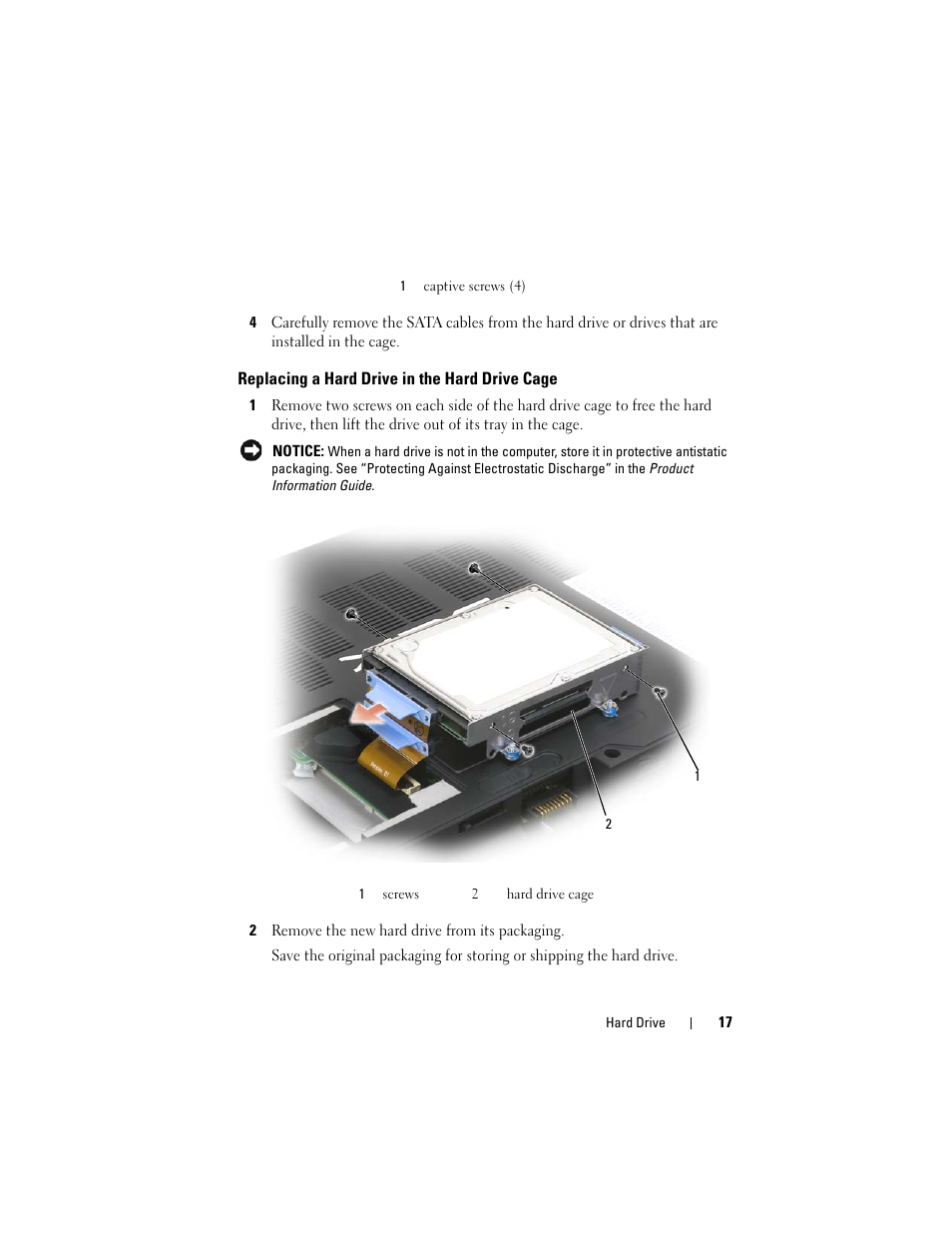 Replacing a hard drive in the hard drive cage | Dell XPS M1730 (M1730, Late 2007) User Manual | Page 17 / 88