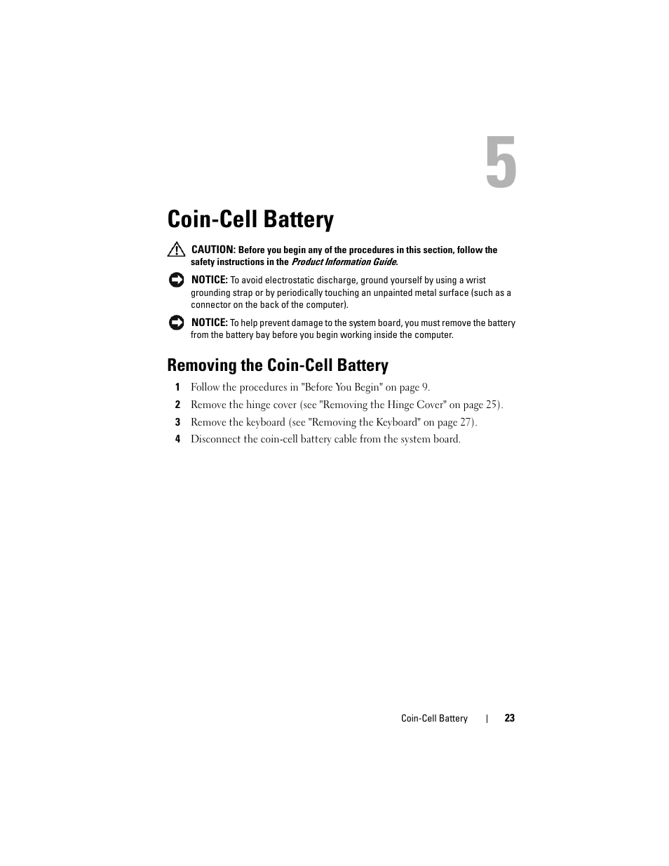 Coin-cell battery, Removing the coin-cell battery | Dell XPS M1730 (M1730, Late 2007) User Manual | Page 23 / 88