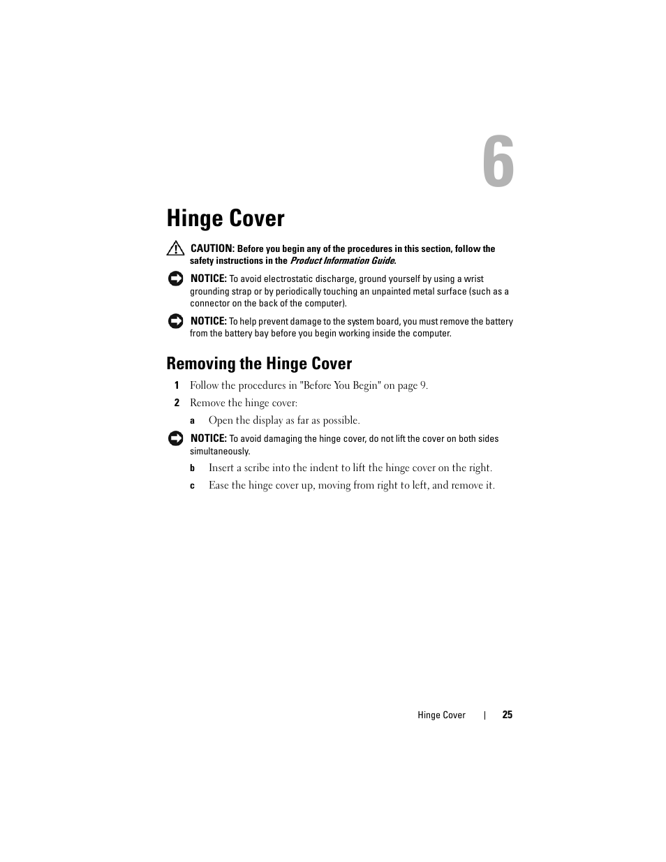 Hinge cover, Removing the hinge cover | Dell XPS M1730 (M1730, Late 2007) User Manual | Page 25 / 88
